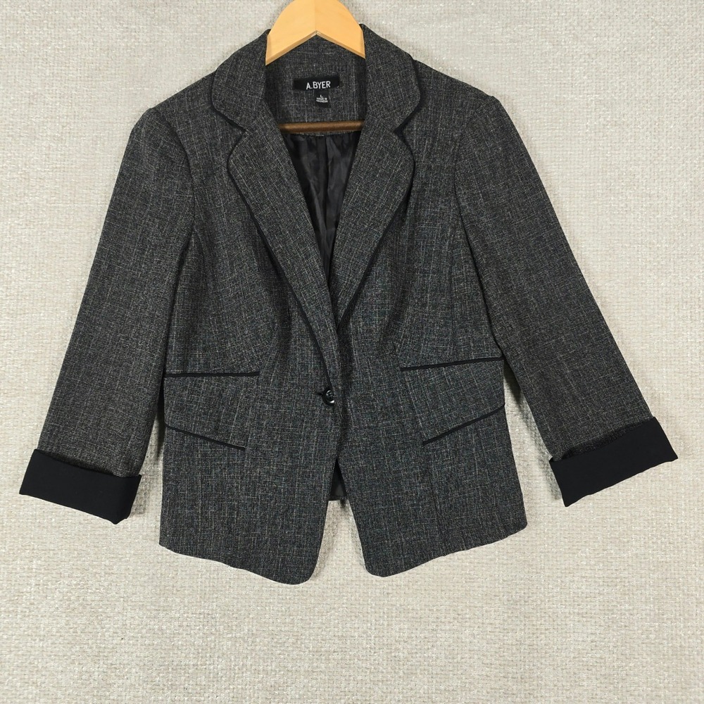 A. Byer Womens Charcoal Gray Textured 3/4 Sleeve Single Button Blazer Size L